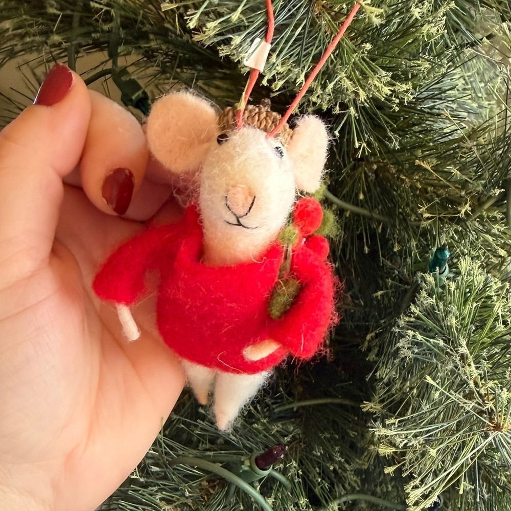Handmade Needle Felted Christmas Mouse Ornament with Sweater Acorn Hat 100% Wool